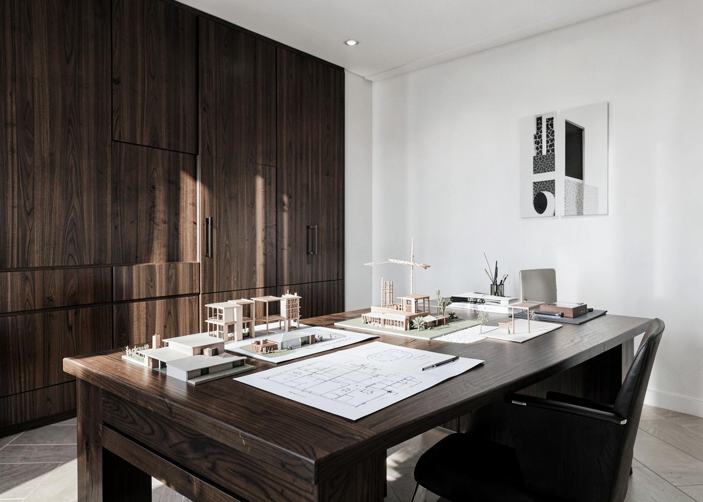 Bureau contemporain d'une agence immobilière avec maquettes d'architecture