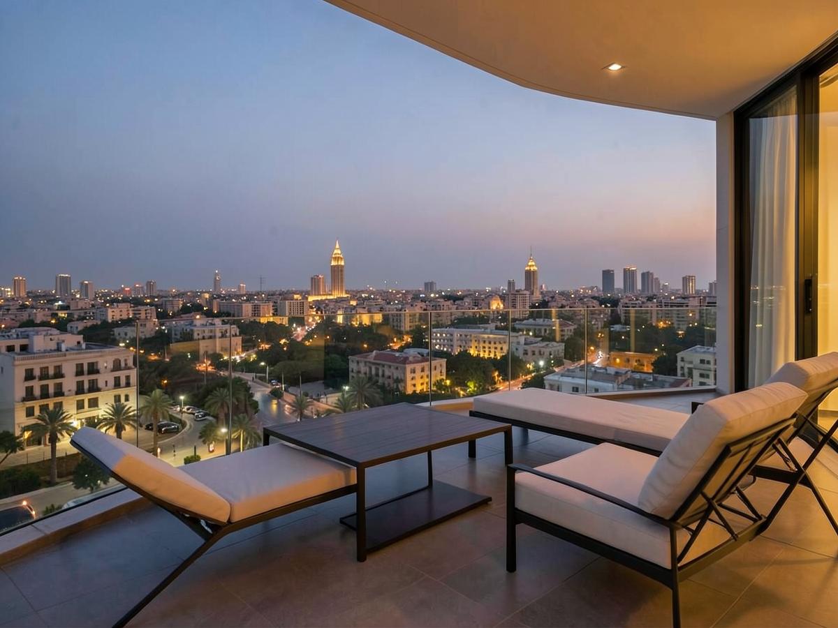 Terrasse d'un penthouse à Rabat avec vue panoramique au crépuscule